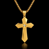 Faceted Eight Point North Star CZ Inlay Stainless Steel Cross Necklace