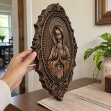 Hand-Carved Virgin Mary Prayer Wall Plaque – Ornate Beechwood Catholic Religious Decor,
