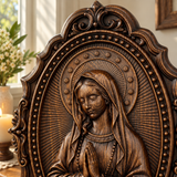 Hand-Carved Virgin Mary Prayer Wall Plaque – Ornate Beechwood Catholic Religious Decor,