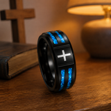 Black Polished Blue Opal Inlay Laser Engraved Cross Stainless Steel Ring