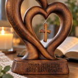 Handcrafted Beechwood Two Hearts One Covenant Cross Sculpture – Christian Wedding & Anniversary Gift