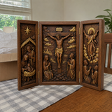 The Life of Christ Hand-Carved Beechwood Triptych – From Nativity to Resurrection Glory - Christian gift presentation