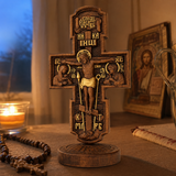 Double-Sided Icon Wood Carving ✝️ | Hand-Carved Crucifix & Saints Beechwood Wall Art