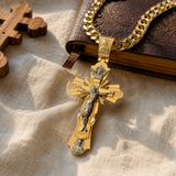 Gold-Plated Copper Crucifix Pendant with Jesus Christ and Religious Figures