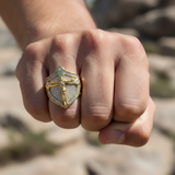 Vintage Gold Shield Crucifix Men's Ring – Faith, Protection & Bold Style - size and finish detail