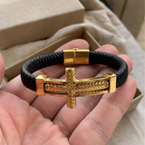 Wheat‑Textured Cross Titanium Steel Braided Leather Men’s Bracelet - side view