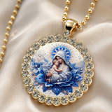 Blue Floral Madonna & Child Pendant Necklace