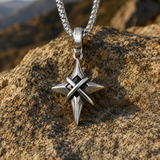 Vintage North Star Men Stainless Steel Necklace, Wrapped Cross Black CZ 4‑Point Star Pendant With Box Chain