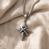 Vintage North Star Men Stainless Steel Necklace, Wrapped Cross Black CZ 4‑Point Star Pendant With Box Chain