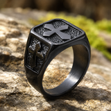 Triple Sides Embossed Cross Hammered Texture Stainless Steel Men’s Signet Ring