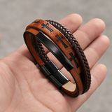 Multi‑Layer Braided Cross Printed Men Leather Bracelet, Vintage PU Leather Magnetic Clasp Religious Wrist Jewelry