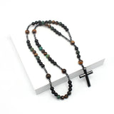 New African pine yellow tiger eye vintage natural stone long cross rosary necklace - BGCOPPER
