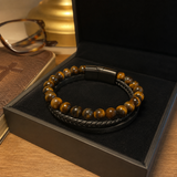 Triple Strand Natural Tiger Eye & Lava Rock Braided Leather Men’s Bracelet