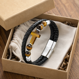 English Product Description for 21cm Stone Cross Leather Bracelet