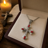 Vintage Red Zircon Cross Pendant Necklace, Religious Faith Men’s Necklace