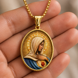 Enamel Immaculate Heart Virgin Mary Oval Gold Stainless Steel Necklace