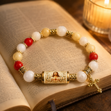 Chalcedony Cross Beaded Bracelet, Vintage Religious Printed Tube Bead Faith Jewelry for Women
