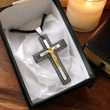 Vintage Greek Key Border Two Tone 3D Crucifix Stainless Steel Necklace