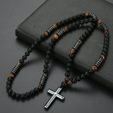 New African pine yellow tiger eye vintage natural stone long cross rosary necklace - BGCOPPER