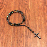 New African pine yellow tiger eye vintage natural stone long cross rosary necklace - BGCOPPER