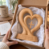 Handcrafted Beechwood Two Hearts One Covenant Cross Sculpture – Christian Wedding & Anniversary Gift