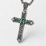 Vintage Green Stone Cross Pendant Necklace for Men