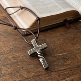 Hand Forged Steel Cross Pendant with Leather Cord – Rustic Christian Necklace for Men