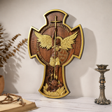 Hand-Carved Beechwood Archangel Michael Wall Cross – Quis Ut Deus Christian Home Decor