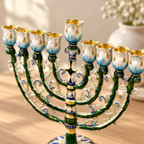 Vintage Floral Enamel Hanukkah Menorah – 9 Branch Candle Holder