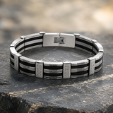 Men's Black‑Silver Striped Titanium Steel Bracelet, Geometric Textured Link Wristband, Rugged Business Men Jewelry