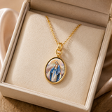 3D Enamel Our Lady of Grace Oval Necklace, Double Sided Tree of Life Stainless Steel Pendant