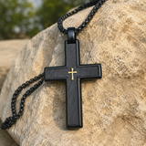 Two-Tone Bevel Edge Carbon Fiber Textured Inlaid Tiny Cross Stainless Steel Necklace