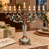 Elegant Nine-Branch Hanukkah Menorah – Vintage Enamel Candle Holder