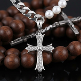 Cuban Chain Panel Pearl Cross Necklace