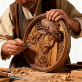 "Jesus with the Crown of Thorns" Beechwood Carved Icon | A Concrete Testimony of Redemption - side view
