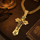 Gold-Plated Copper Crucifix Pendant with Jesus Christ and Religious Figures