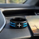 Black Polished Blue Opal Inlay Laser Engraved Cross Stainless Steel Ring