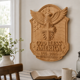 God Bless America Wooden Wall Plaque – Hand-Carved Beechwood Eagle Cross Decor, 1776–2026 250th Anniversary