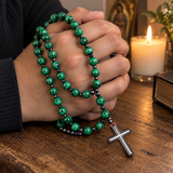 Green Malachite-Style Bead Christian Cross Prayer Rosary Necklac