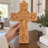 Hand-Carved Beechwood Saint Benedict Protection Crucifix – Christian Wall Cross