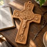 Hand-Carved Beechwood Saint Benedict Protection Crucifix – Christian Wall Cross