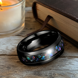 Black Tungsten Ring with Crushed Opal Inlay, 8mm Galaxy Star Dome Band, Meteorite Texture Wedding Band, Unique Promise Ring Gift for Men & Women