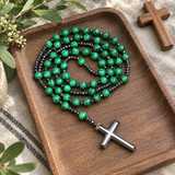 Green Malachite-Style Bead Christian Cross Prayer Rosary Necklac