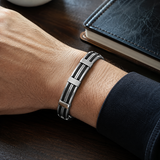 Men's Black‑Silver Striped Titanium Steel Bracelet, Geometric Textured Link Wristband, Rugged Business Men Jewelry