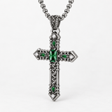 Vintage Green Stone Cross Pendant Necklace for Men