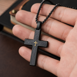Two-Tone Bevel Edge Carbon Fiber Textured Inlaid Tiny Cross Stainless Steel Necklace