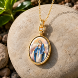 3D Enamel Our Lady of Grace Oval Necklace, Double Sided Tree of Life Stainless Steel Pendant