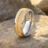 8mm Spinning Titanium Steel Men's Ring, Sand Blast Two-Tone Inlaid Cubic Zirconia Band, Stress Relief Rotatable Wedding Promise Ring for Men
