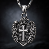 Eagle Cross Shield Pendant Necklace, Religious Faith Men’s Necklace