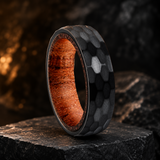 Hammered Titanium Steel Ring with Natural Wood Inner Liner, 6mm Vintage Domed Band, Rustic Wooden Inlay Wedding Promise Ring for Men & Women